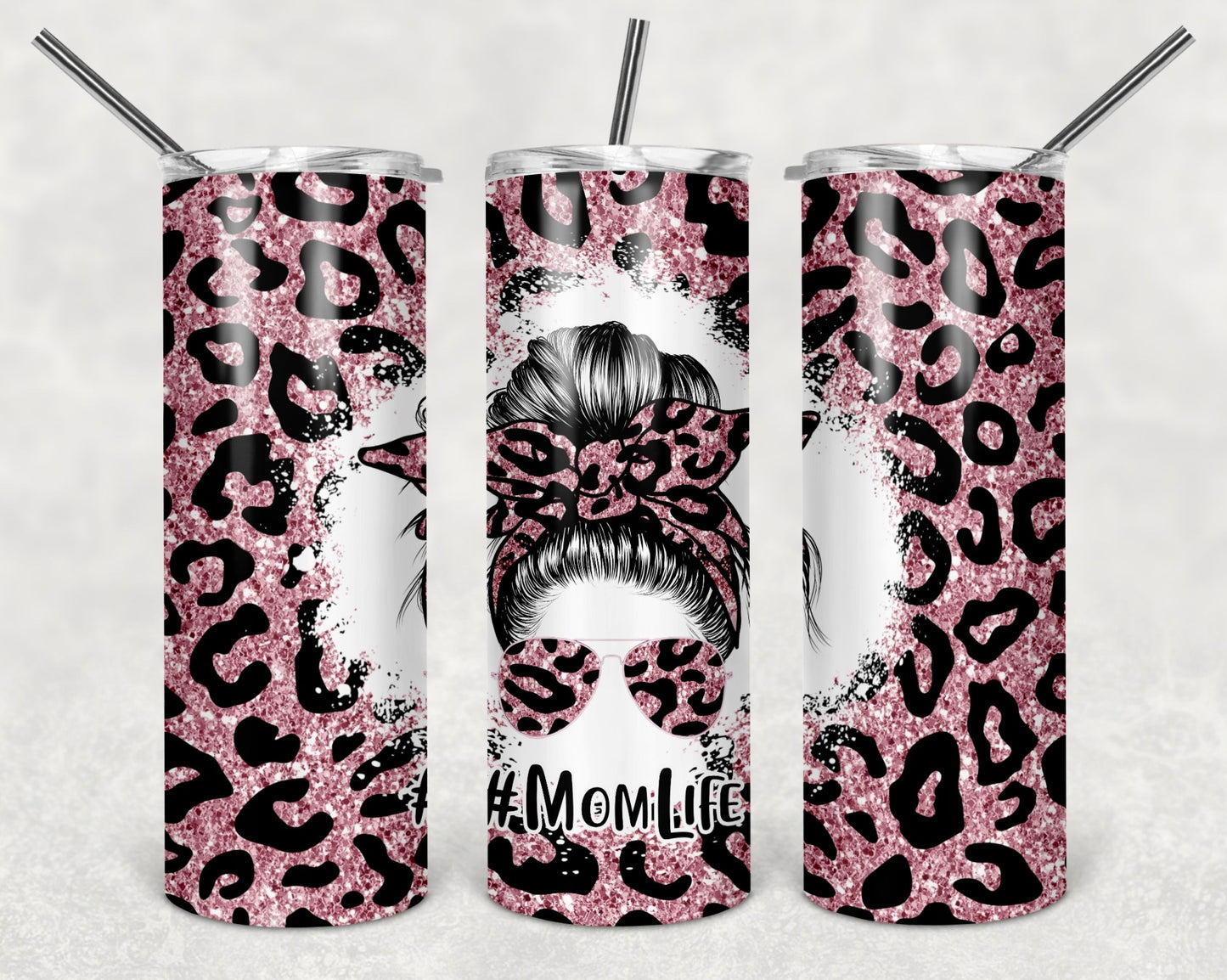 Creative Tumblers ~ Mom Life Sparkly Print Messy Bun