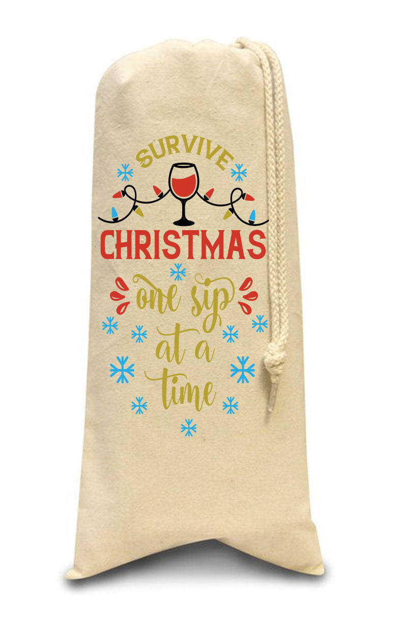 Christmas Time ~ Survive Christmas One Sip... Canvas Bottle Bag