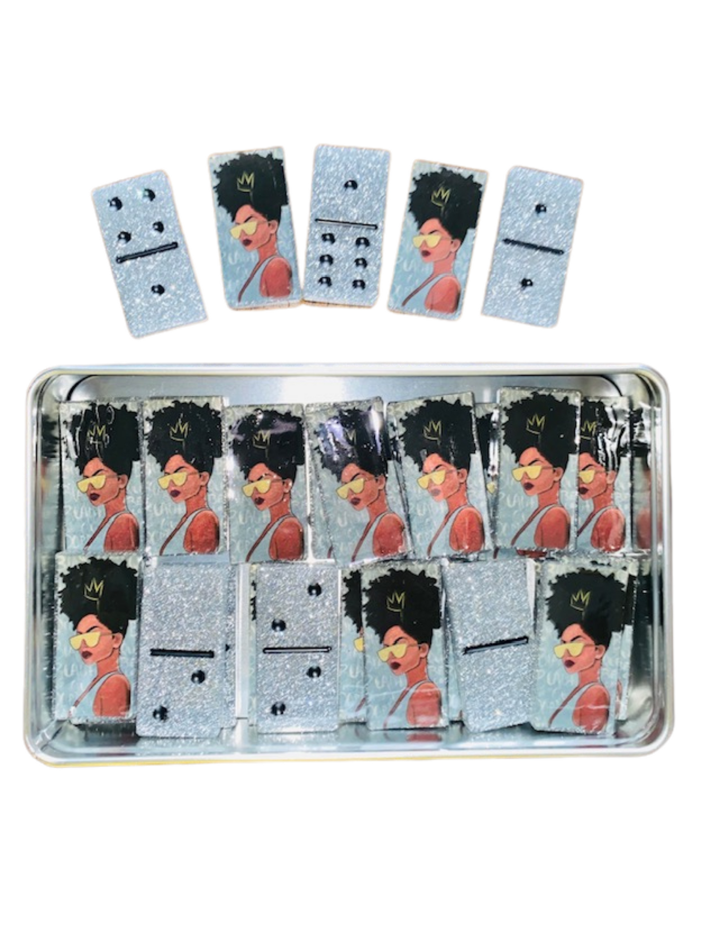 Domino Set ~ Melanin Queen Silver Glitter